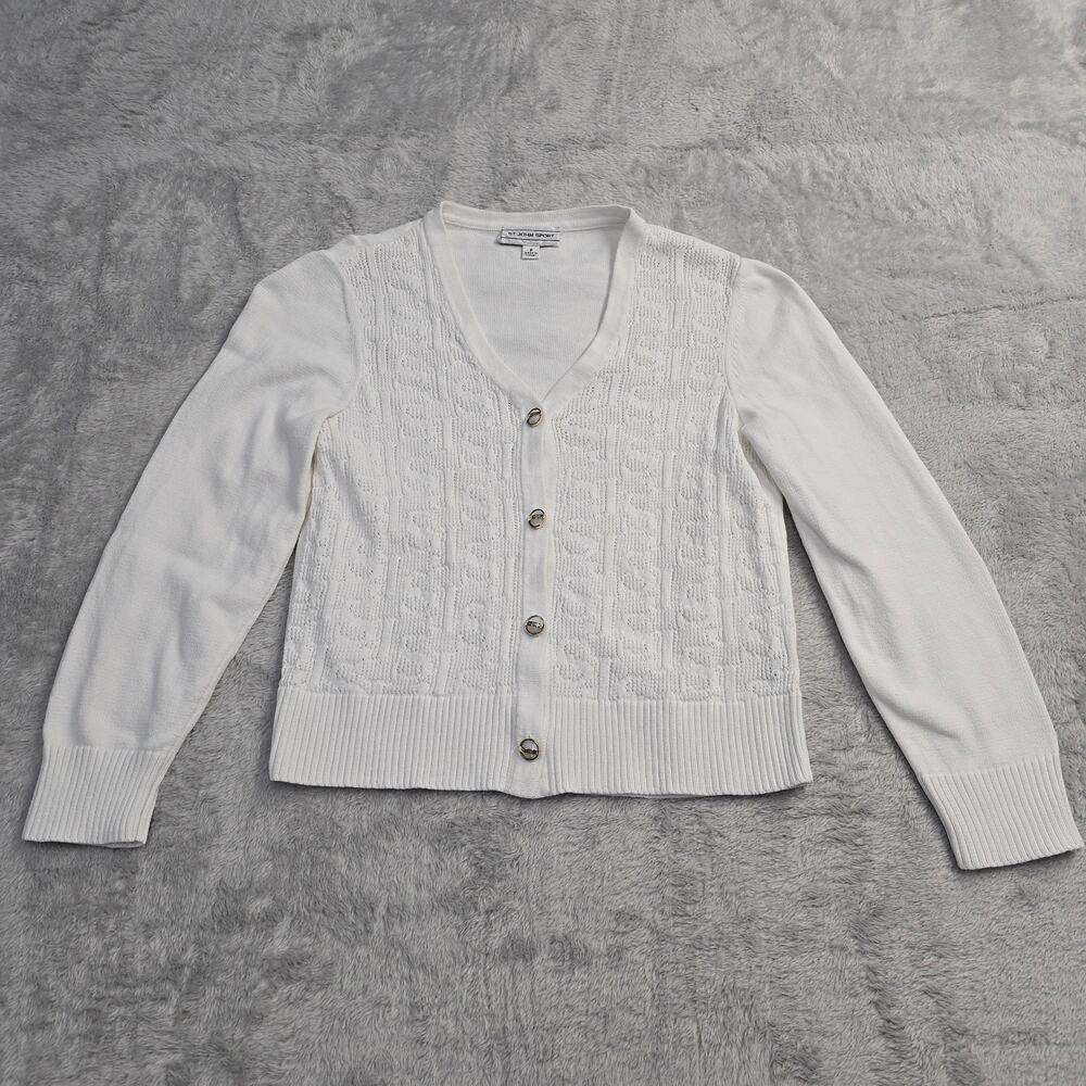 St. John Sport Cardigan Sweater Sz P White Career Minimalist luxury Old Money